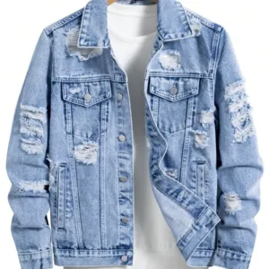 Distressed Pocket Front Button Casual Long Sleeve